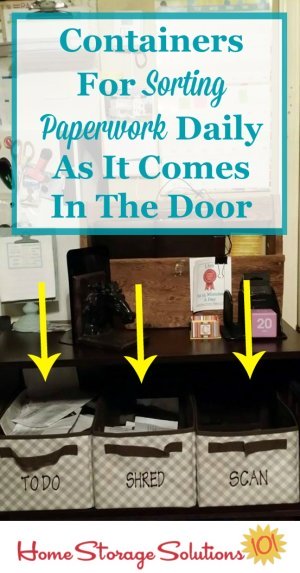 Create containers to hold various types of paper as you sort it daily, as part of your daily paperwork organization routine, so that you take control over the paper that comes into your home, and don't accumulate paper clutter {on Home Storage Solutions 101}