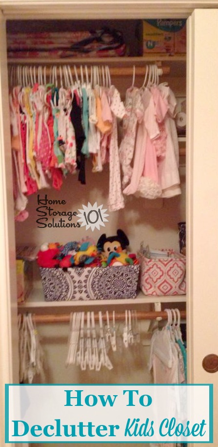 How to declutter kids closet, including of excess hanging clothes, toys, hangers, and items on shelves and drawers {on Home Storage Solutions 101}