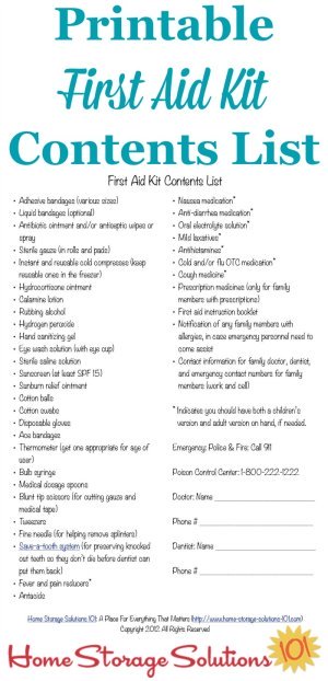 Free printable first aid kit contents list with what you need in your home for minor emergencies and injuries {on Home Storage Solutions 101} #FirstAidKit #EmergencyPreparedness #SafetyTips