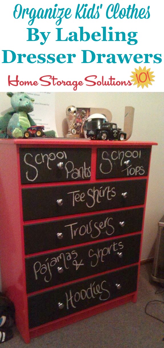 An easy way to organize kids' clothes is to label their dresser drawers so everyone knows what goes in what drawer {featured on Home Storage Solutions 101}