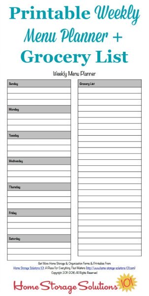 Free #printable weekly menu planner template plus accompanying grocery list {courtesy of Home Storage Solutions 101} #MealPlanning #MealPlan
