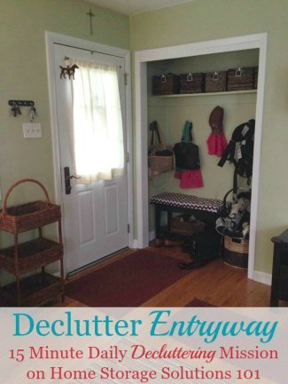 Here is how to declutter your entryway or foyer to make this highly trafficked area of your home functional, and inviting for your family and guests {a #Declutter365 mission on Home Storage Solutions 101} #DeclutterEntryway #EntrywayIdeas