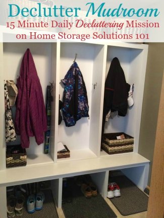 Here is how to declutter your mudroom, or other back entrance to your home, to make it a functional and useful place for your household {a #Declutter365 mission on Home Storage Solutions 101} #DeclutterMudroom #MudroomOrganization