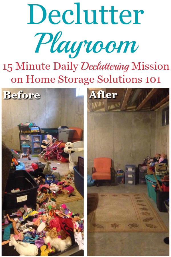 Here's how to declutter a playroom without making a bigger mess in the process, and without overwhelm {a Declutter 365 mission on Home Storage Solutions 101} #DeclutterPlayroom #PlayroomClutter #KidsClutter