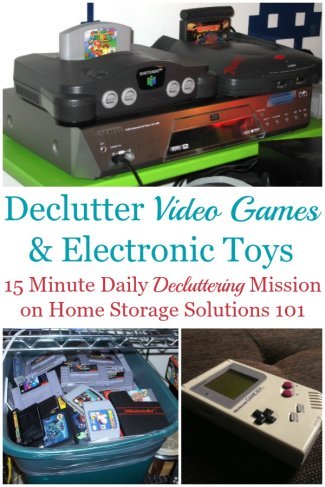 Here is how to declutter video games and electronic toy clutter from your home, so you and the kids can enjoy some of these electronics without being inundated with too much toy clutter {on Home Storage Solutions 101} #DeclutterVideoGames #ToyClutter #DeclutterGames
