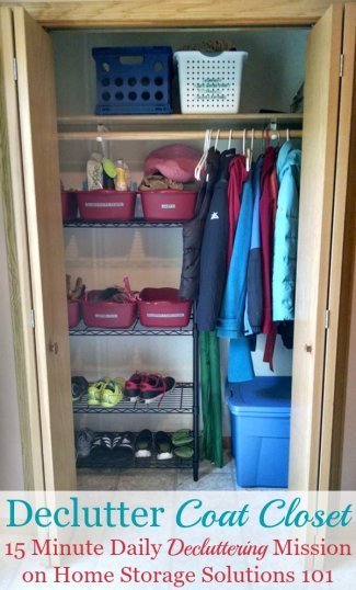 Here is how to declutter your coat closet, or entry closet, so that it can perform its intended function of holding coats and other items for family members and guests {a #Declutter365 mission on Home Storage Solutions 101} #DeclutterCoatCloset #DeclutterCloset