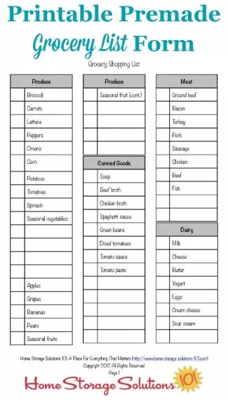 Free premade printable grocery list form designed to let you check off the items you need for the week {courtesy of Home Storage Solutions 101}