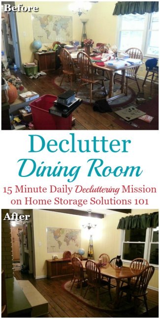Here are simple, step by step instructions for how to declutter your dining room, so that the task isn't overwhelming, you don't make a big mess, and afterward you can enjoy this space for hospitality and dining {on Home Storage Solutions 101} #Declutter365 #DeclutterDiningRoom #DiningRoom