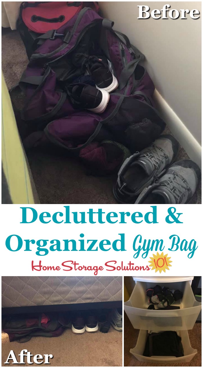 Before and after of decluttered and organized gym bag {on Home Storage Solutions 101}