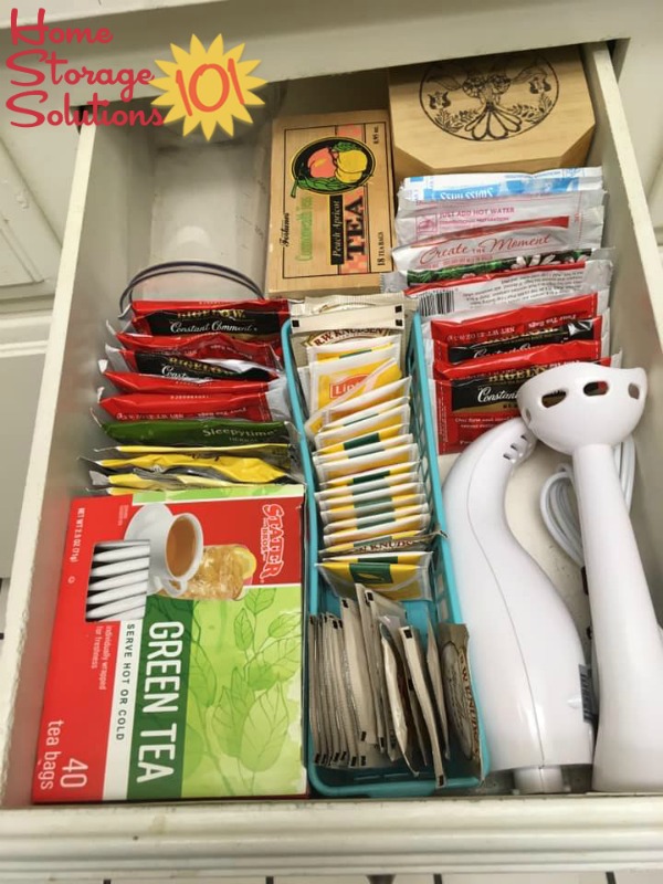 Tea and other hot beverage mixes organized in kitchen drawer {on Home Storage Solutions 101}