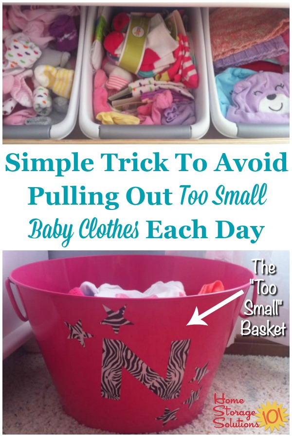 Babies outgrow clothes quickly, so here's a simple trick you can use to declutter too small clothes as you go about your day, and stop pulling out the same outgrown outfit from baby's drawers or closet time after time {on Home Storage Solutions 101} #BabyClutter #DeclutterClothes #DeclutterKidsClothes