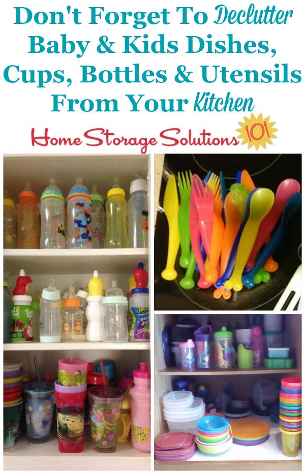 Don't forget, when decluttering outgrown baby and kids stuff, to check your kitchen to declutter baby and kids dishes, cups, bottles, and utensils {on Home Storage Solutions 101} #DeclutterKitchen #KidsClutter #KitchenClutter
