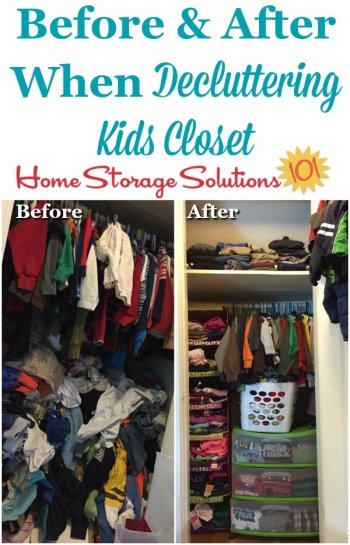 Before and after when decluttering kids closet {on Home Storage Solutions 101} #DeclutterCloset #Decluttering #ClosetOrganization