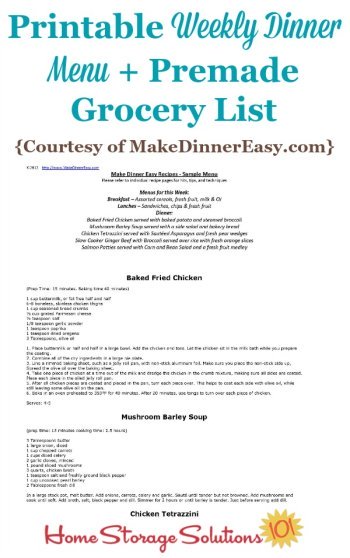 Printable Weekly Dinner Menu With Premade Grocery List Sample