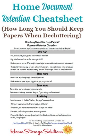 Free printable home document retention cheatsheet with information about how long you should keep papers when decluttering so you can feel comfortable with what to keep versus to toss, shred or recycle {courtesy of Home Storage Solutions 101} #DeclutteringPaper #PaperOrganization #FileOrganization