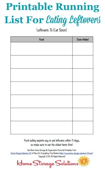 Free printable running list for eating leftovers before they go bad in your fridge {courtesy of Home Storage Solutions 101}