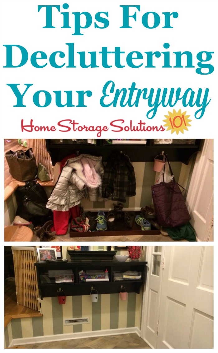 Tips for decluttering your entryway of your home, to make it more functional and clutter free {featured on Home Storage Solutions 101}