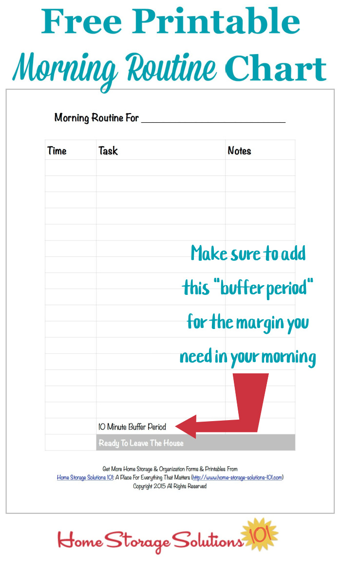 When planning out your morning routine, make sure to give yourself a 10 minute buffer period for the margin you need in the morning, to keep from feeling rushed {on Home Storage Solutions 101}