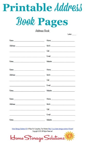 Free printable address book pages to get your contact information organized {courtesy of Home Storage Solutions 101}