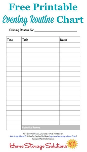 Free #printable evening routine chart to help you finish your daily tasks, get ready for the next day, and get yourself ready for bed {courtesy of Home Storage Solutions 101} #EveningRoutine #EveningRoutineChart