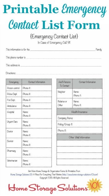 Free printable emergency contact list to place in your household notebook and also near a telephone in your home {courtesy of Home Storage Solutions 101}