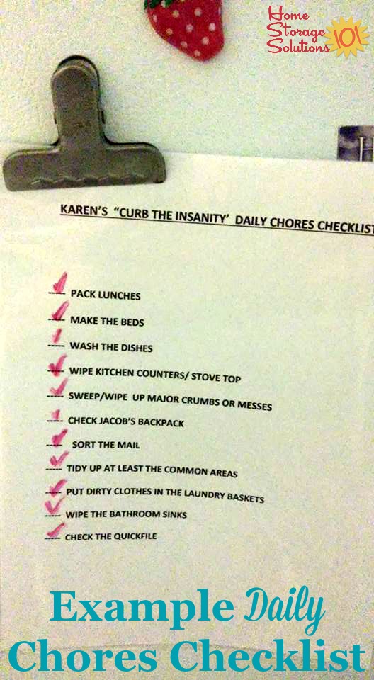 Example of a daily chores checklist created by a participant in the #Declutter365 missions, when working on the parts of the Create A House Cleaning Schedule Challenge {on Home Storage Solutions 101}