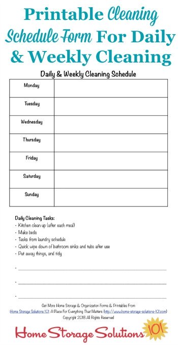 Here is a free printable cleaning schedule form that you can use to fill out your daily and weekly cleaning schedule tasks for your home {courtesy of Home Storage Solutions 101} #CleaningSchedule #CleaningRoutine #OrganizedHome
