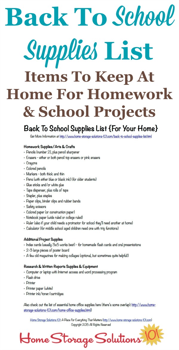 Free printable back to school supplies list for what to make sure you're stocking at home for your kids homework assignments and school projects {on Home Storage Solutions 101}