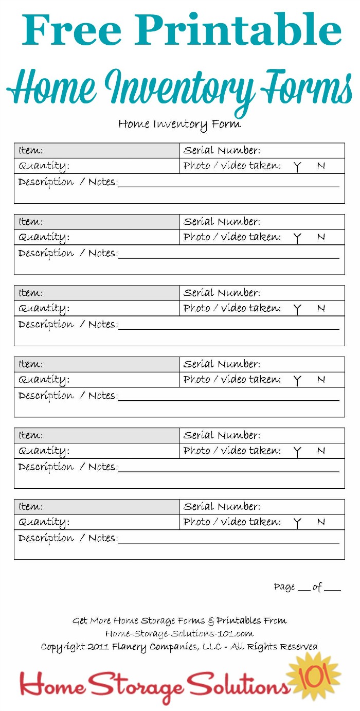 Free printable home inventory forms, to use when creating your personal home inventory {on Home Storage Solutions 101} #HomeInventory #FreePrintable #HomeStorageSolutions101