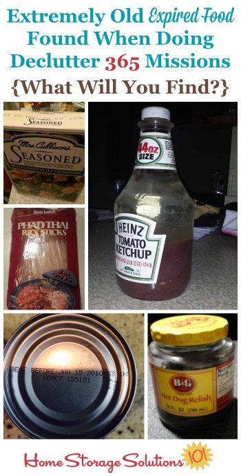 Here are examples of some of the extremely old expired food found in pantries, food storage areas and food cupboards when participants did the #Declutter365 missions for this area {on Home Storage Solutions 101} #PantryOrganization #Decluttering