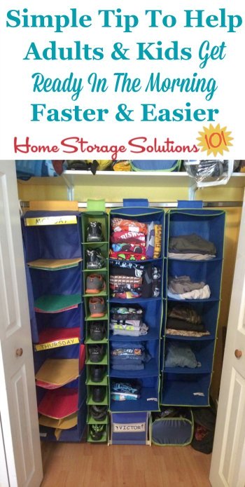 If you struggle to get yourself or your kids dressed and out the door quickly and easily in the morning use this simple tip, of laying out clothes the night or week before, to get ready in the morning more easily {on Home Storage Solutions 101} #OrganizedLife #MorningRoutine #OrganizingTip