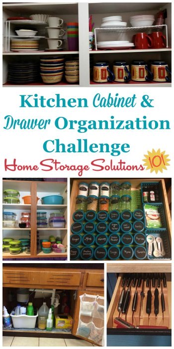 In the kitchen drawer and cabinet organization challenge you'll get step by step instructions for how to organize these spaces, including under the sink, for pots, pans and dishes, the junk drawer, and more {part of the 52 Week Organized Home Challenge on Home Storage Solutions 101} #52WeekChallenge #OrganizedHome #KitchenOrganization