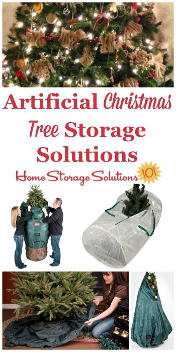 Here are ideas and tips for artificial Christmas tree storage in your home, taking into account how large these trees are, and how hard they are to take down and put up each season {on Home Storage Solutions 101} #HolidayStorage #ChristmasStorage #ChristmasTreeStorage