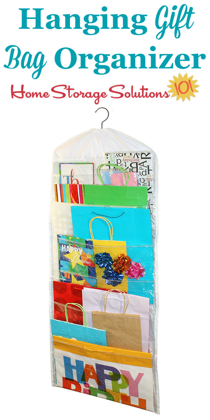 This hanging gift bag organizer can hang in your closet to keep your gift bags easily accessible without taking up lots of room {featured on Home Storage Solutions 101} #ChristmasStorage #HolidayStorage #GiftBagOrganizer