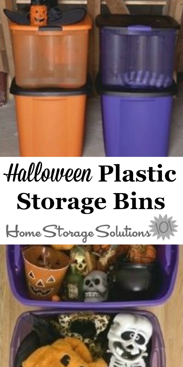 If you're looking for Halloween storage ideas these Halloween plastic storage bins in orange and purple are a cute way to store your decorations for easy visual access year after year {on Home Storage Solutions 101} #HalloweenStorage #HolidayStorage #HalloweenDecorations