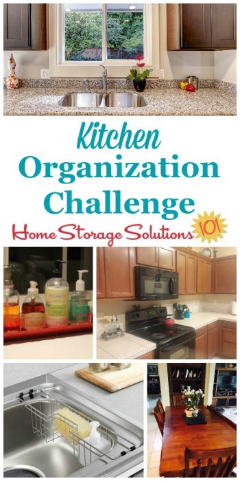 In the kitchen organization challenge you'll get step by step instructions for how to organize all aspects of your kitchen, specifically focusing this week on flat surfaces such as countertops, the sink area, and kitchen table, and then the following week on the drawers and cabinets {part of the 52 Week Organized Home Challenge on Home Storage Solutions 101} #52WeekChallenge #OrganizedHome #KitchenOrganization
