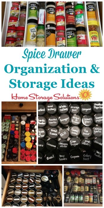 Here are quite a few practical spice drawer organization and storage ideas you can use in your kitchen {on Home Storage Solutions 101} #KitchenOrganization #PantryOrganization #KitchenStorage