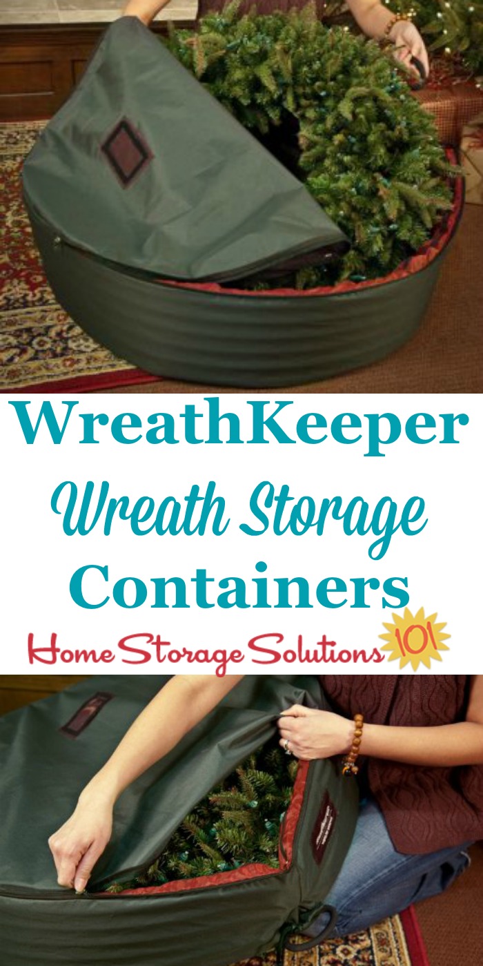 These WreathKeeper wreath storage containers are designed to keep your wreaths clean and unsmashed from season to season, and hang to keep the wreath from distorting while in storage {featured on Home Storage Solutions 101} #HolidayStorage #ChristmasStorage #WreathStorage