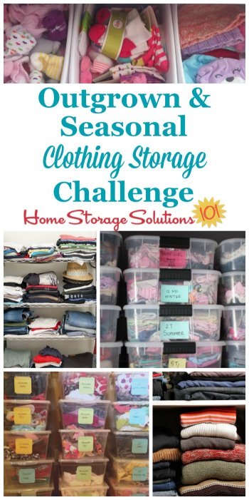 Here's how to deal with the most common clothing storage issues, including both kids outgrown clothes and the seasonal switch of garments twice a year {part of the 52 Week Organized Home Challenge on Home Storage Solutions 101} #ClothingStorage #ClothesStorage #SeasonalClothingSwitch