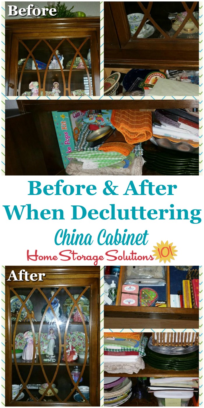 Before and after when decluttering china cabinet, including all shelves, drawers and cabinets {on Home Storage Solutions 101} #Declutter365 #DeclutteringTips #HowToDeclutter
