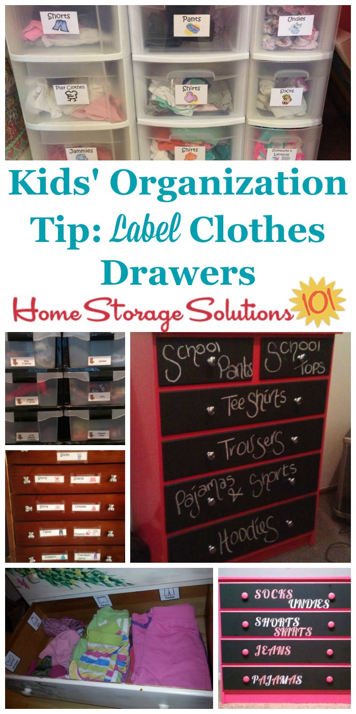 Help your child find and put away their clothes into drawers more easily by using clothing or dresser drawer labels, which will keep their bedroom or closet more organized. Find out more here, plus see lots of pictures from moms and dads who've already done it {on Home Storage Solutions 101}