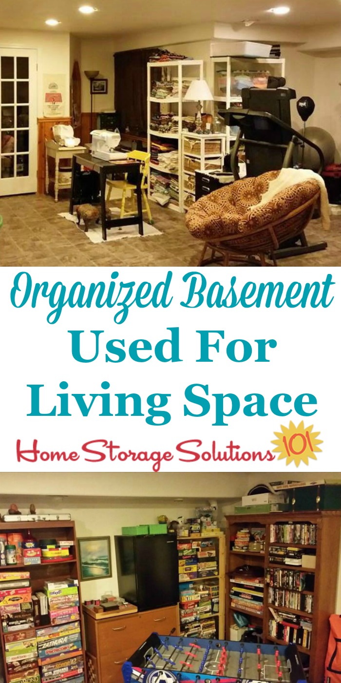 Organized basement used for living space, for crafting, exercise, and as a game room {featured in the Organize Basement hall of fame on Home Storage Solutions 101}