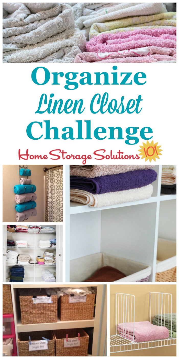 Here are step by step instructions for how to organize your linen closet, including organizing sheet sets, towels, blankets, pillows, and table linens {part of the 52 Week Organized Home Challenge on Home Storage Solutions 101} #LinenClosetOrganization #OrganizeLinenCloset #OrganizingLinenCloset