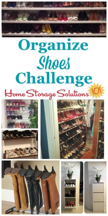 Here are step by step instructions for how to organize shoes and boots for both adults and kids, including in both the bedroom and in the entryway {part of the 52 Week Organized Home Challenge on Home Storage Solutions 101} #OrganizeShoes #ShoeOrganization #OrganizingShoes