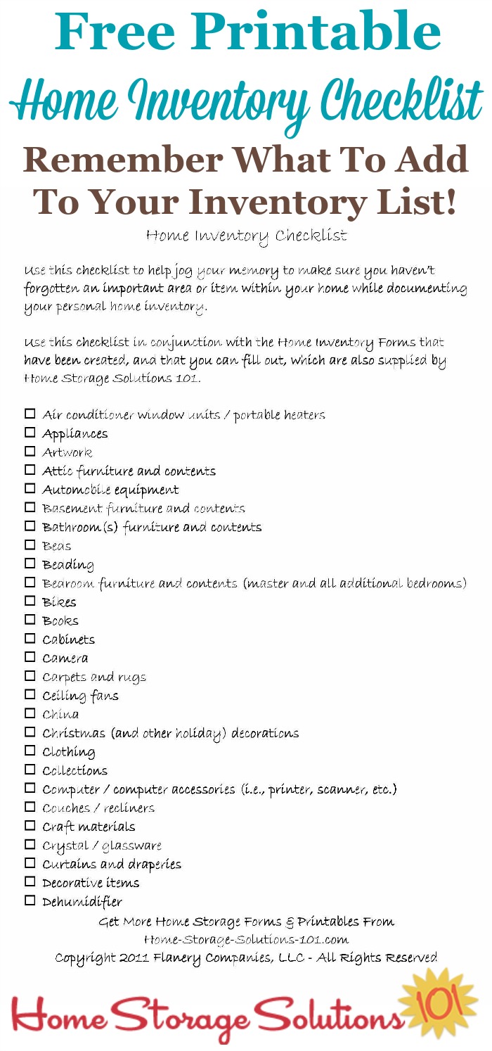 Free printable home inventory checklist, so you don't forget any of the important stuff when creating your own inventory for insurance {on Home Storage Solutions 101} #HomeInventory #FreePrintable #HomeStorageSolutions101