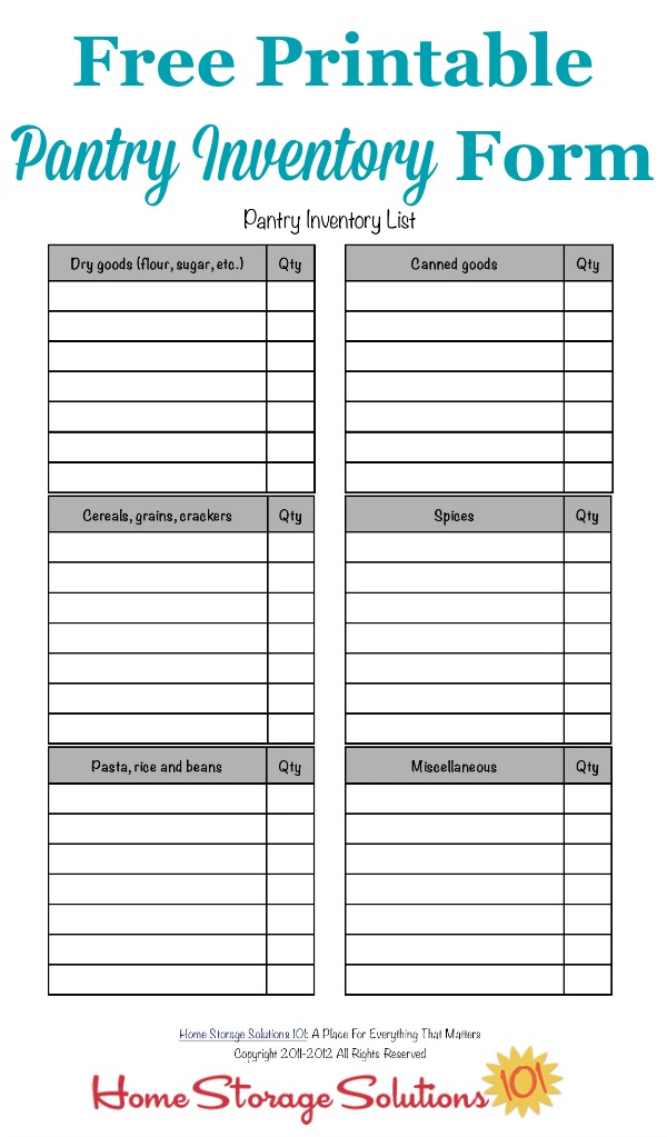 Free #printable pantry list form to inventory what food you've got in your food cupboards or pantry right now, to help with meal planning, stockpiling, and not wasting food {courtesy of Home Storage Solutions 101} #PantryOrganization #FoodStorage