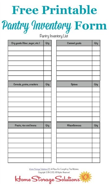 Free #printable pantry list form to inventory what food you've got in your food cupboards or pantry right now, to help with meal planning, stockpiling, and not wasting food {courtesy of Home Storage Solutions 101} #PantryOrganization #FoodStorage