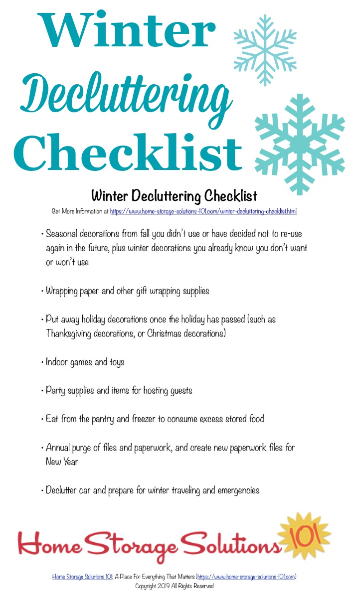 Printable winter decluttering checklist, listing seasonal clutter to get out of your home at the close of fall and beginning of winter {courtesy of Home Storage Solutions 101} #DeclutteringChecklist #WinterChecklist #FreePrintable