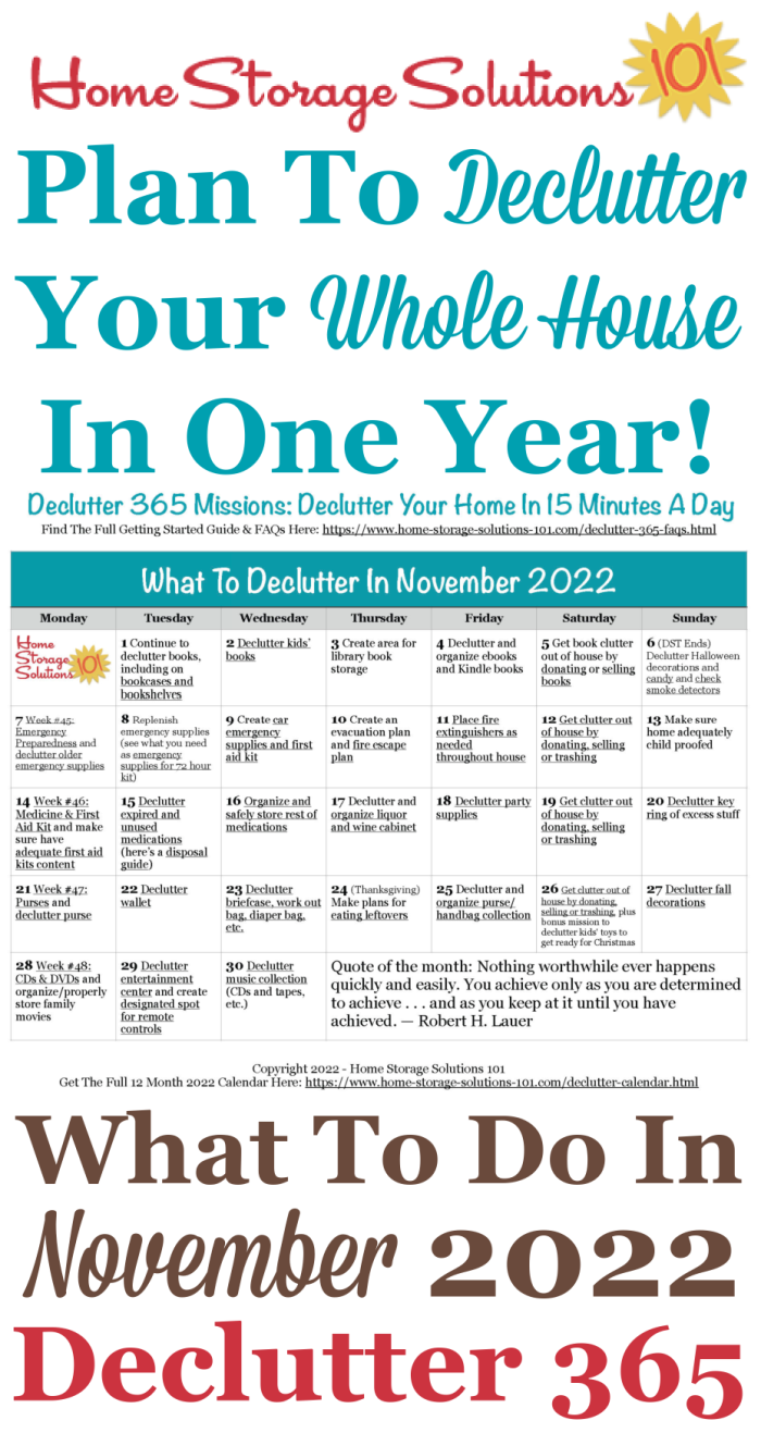Free printable November 2022 #decluttering calendar with daily 15 minute missions. Follow the entire #Declutter365 plan provided by Home Storage Solutions 101 to #declutter your whole house in a year.