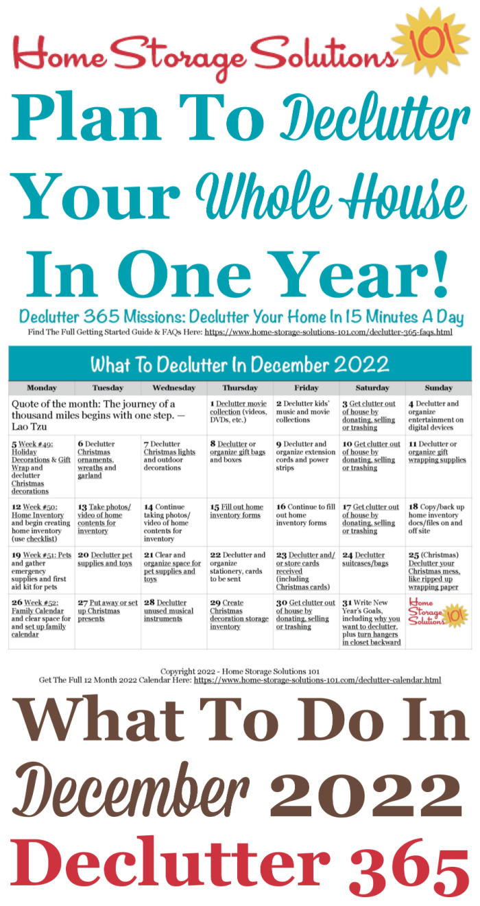 Free printable December 2022 #decluttering calendar with daily 15 minute missions. Follow the entire #Declutter365 plan provided by Home Storage Solutions 101 to #declutter your whole house in a year.